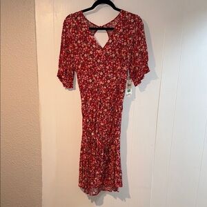 Women's Short Sleeve V-Neck Tie Waist Floral Print Dress